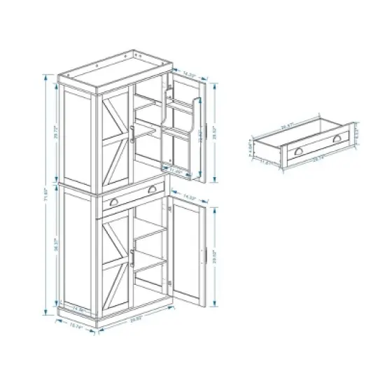 TIRAMISUBEST 71 Inch White Kitchen Pantry Cabinet with 4 Doors and Wooden Accent Storage Shelves image {1}