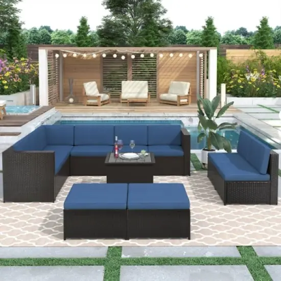 9pc Wicker Patio Sectional Seating Set with Cushions - Brown/Blue - GODEER image {1}