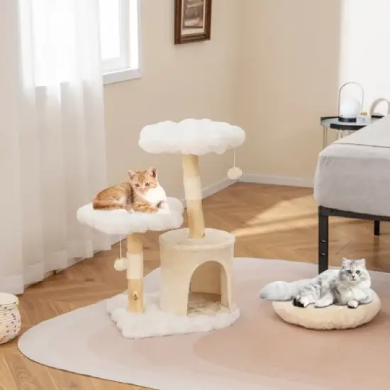 Tangkula Cute Solid Wood Cat Tree Natural Branch Modern Flower Cat Tower w/Soft Long image {1}
