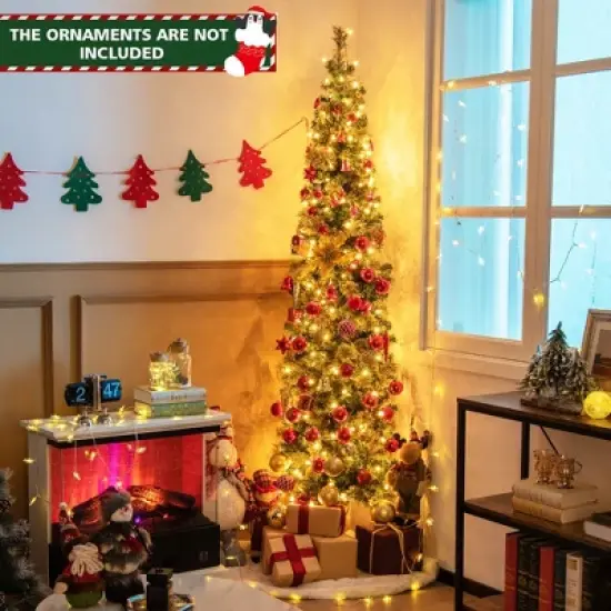 Costway 7ft Pre-lit PVC Artificial & Pine Needles Half Christmas Tree w/ 450 Branch Tips & 150 Lights image {1}