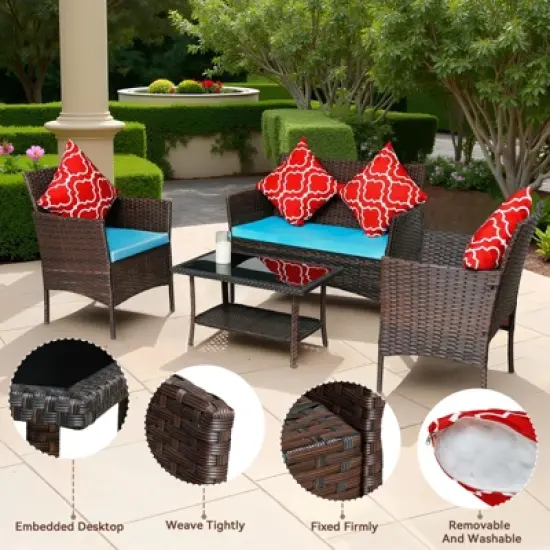 FIONECA 4-Piece Outdoor PE Rattan Sofa Set with Coffee Table and Sapphire Blue Cushions image {4}