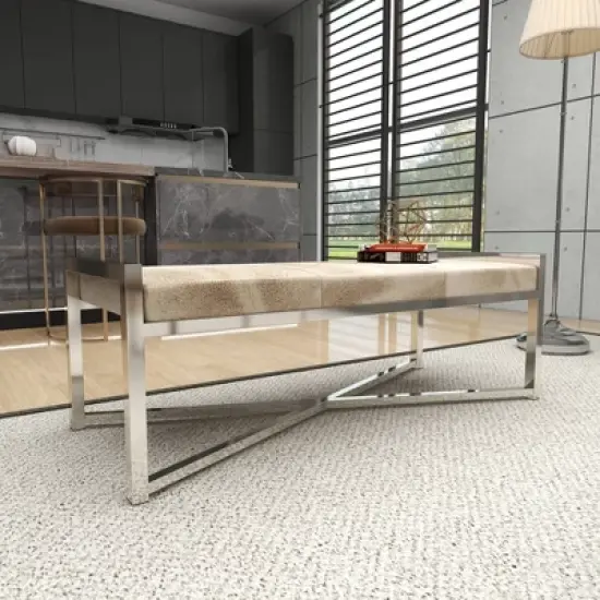 Contemporary Stainless Steel Rectangular Cowhide Bench - Olivia & May image {7}