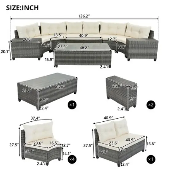 8-Piece Outdoor Patio Wicker Half-Moon Sectional Sofa Set with Rectangular Coffee Table image {15}