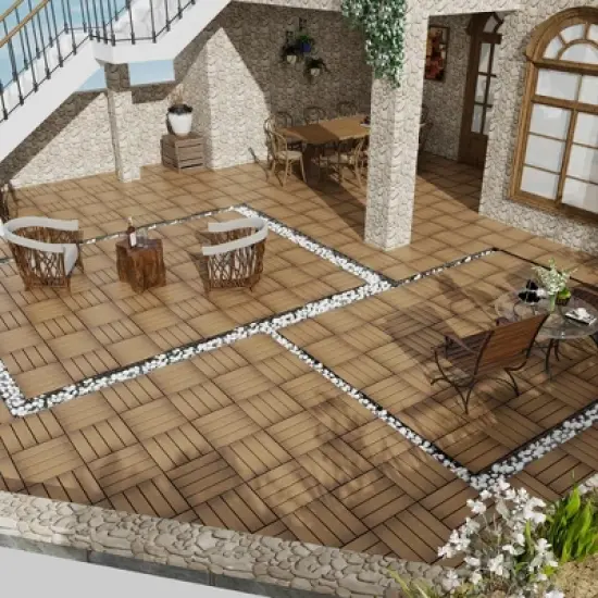 Patio Floor Tiles Pack of 11, WPC Wood-Plastic Composite, DIY Interlocking, Quick Deck, Water Resistant Indoor Outdoor - 11.8" 3D TEAK image {6}