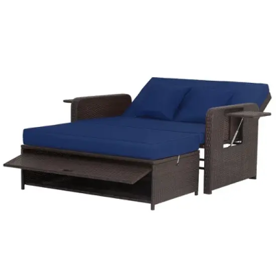 Tangkula Rattan Loveseat Set Daybed Lounge Storage Ottoman Side Tables Adjust Patio Navy image {5}