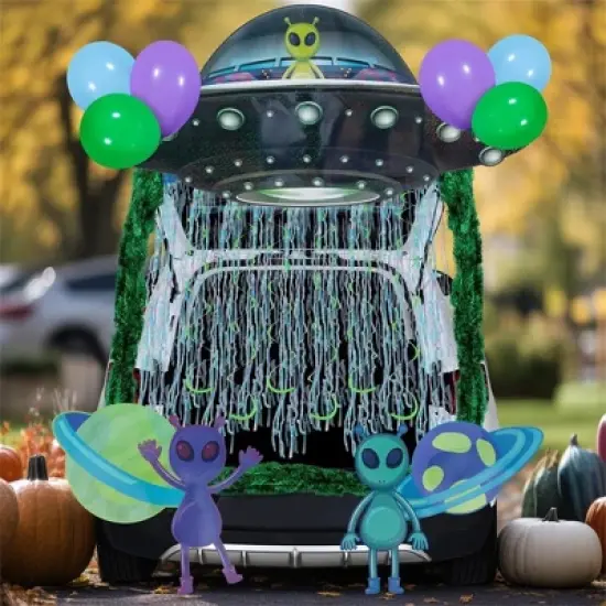 Joyfy Halloween UFO Trunk Or Treat Car Decoration, Aliens Archway Garage Door Decor with Streamer Tinsels Strips Balloons for SUV Outdoor/Indoor image {5}