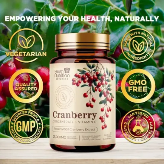 Cranberry Supplement Pills + Vitamin C - Made with 25,000mg Cranberry Concentrate Whole Fruit Extract to Help Cleanse & Support - 60 Capsules image {3}