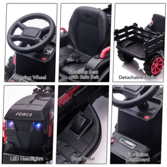 Acekool 12V Electric Ride-On Tractor with Trailer & Remote Control, Music, LED Lights, Safety Belt, 3 Speeds, Battery Powered Kids Vehicle image {4}