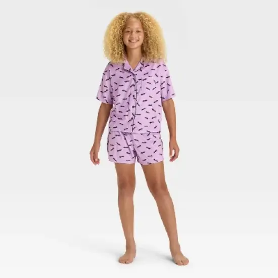 Girls' Halloween Bats Short Sleeve Button-Down Pajama Set - art class&trade; Purple image {4}