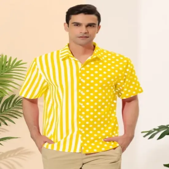 Lars Amadeus Men's Summer Stripe Polka Dots Short Sleeves Button Patchwork Hawaiian Shirt image {1}