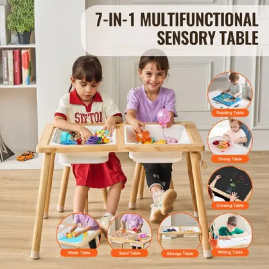 VEVOR Sensory Table and Chairs Set, Toddlers Activity Table with 2 Stools, 2 Storage Bins & Paper Roll Holder, Wooden Kids Sensory Table image {2}