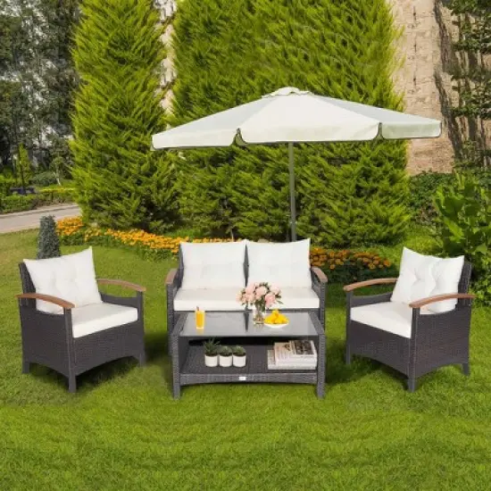 Costway 4PCS Patio Rattan Furniture Set Cushioned Sofa Storage Table Off image {10}