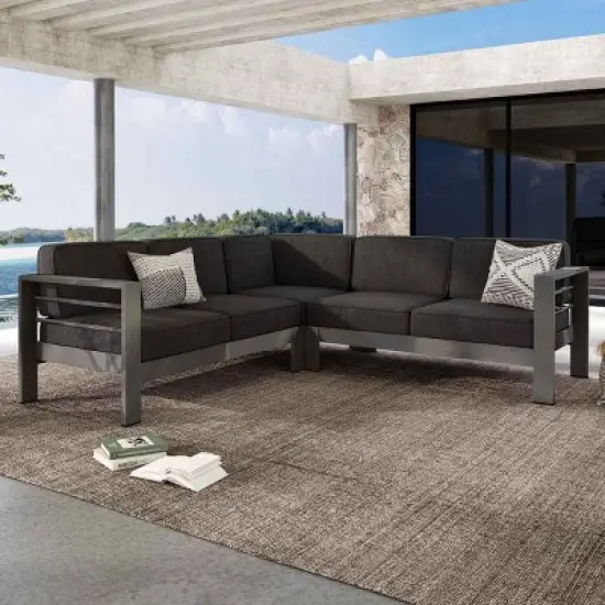 Outdoor L-Shaped Sectional Sofa, Modern Slatted Design 4-Seater Sofa, Sectional Sofa with Aluminum Frame and Polyester Cushion-Coolbibila image {7}