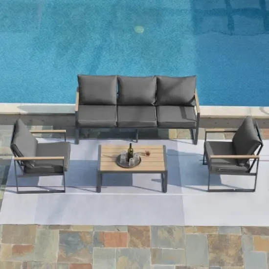 4-Piece Outdoor Furniture Set, Patio Conversation Sofa Set, Sofas with Cushions, Faux Wood Coffee Table-Coolbibila image {1}