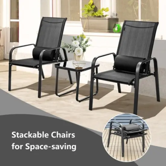 Tangkula 3PCS Patio Adjustable Back Stackable Chairs Side Table Set Bistro Set Classic Furniture Chair Set for Garden Black/Brown/Grey image {7}