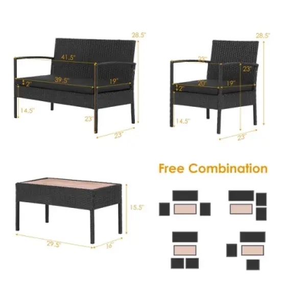 Costway 4PCS Patio Rattan Furniture Set Cushioned Chair Wooden Tabletop Black image {2}