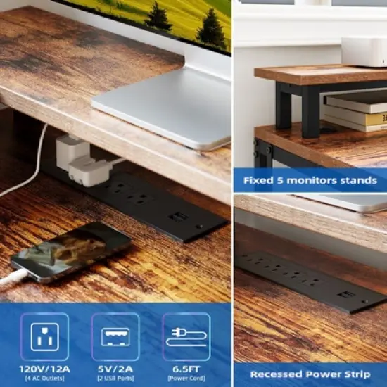 L Shaped Gaming Desk,68" Computer Desk with Power Outlets & LED Lights, Corner Desk with Monitor Shelf and Hook, Two Person Desk image {7}