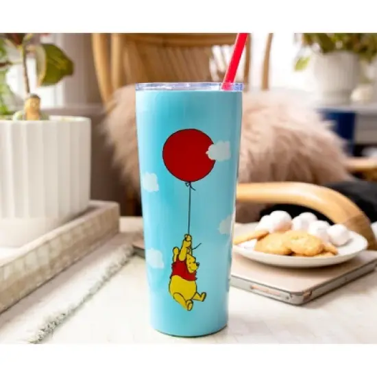 Silver Buffalo Winnie the Pooh Balloon Stainless Steel Tumbler With Straw | Holds 22 Ounces image {1}