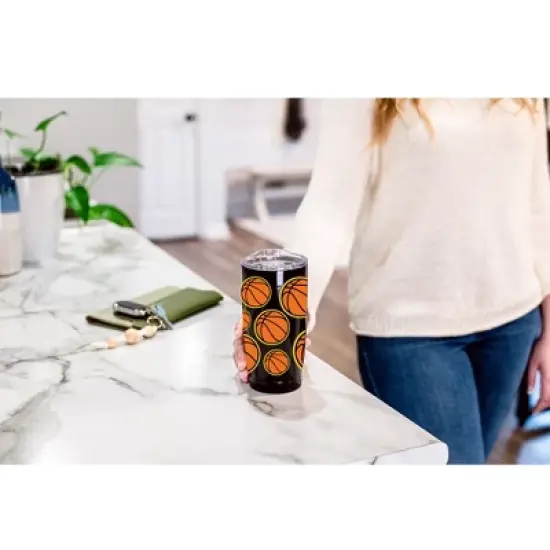 100 North 20 Ounce Stainless Steel On the Go Travel Tumbler With Push Top Lid, Basketball Black image {3}