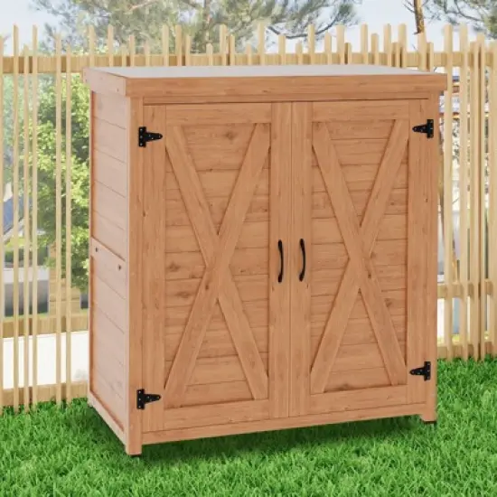 WELLFOR Outdoor Potting Bench with Storage Cabinet and Metal Table Top Light Brown image {3}