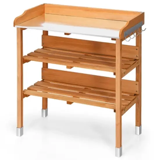 Costway Garden Wooden Potting Bench Work Station Table Tool Storage Shelf W/Hook image {10}