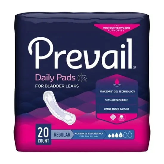 Prevail Daily Pads Female Incontinent Pad Regular Length 9.25" L BC-012, Moderate, 180 Ct image {3}
