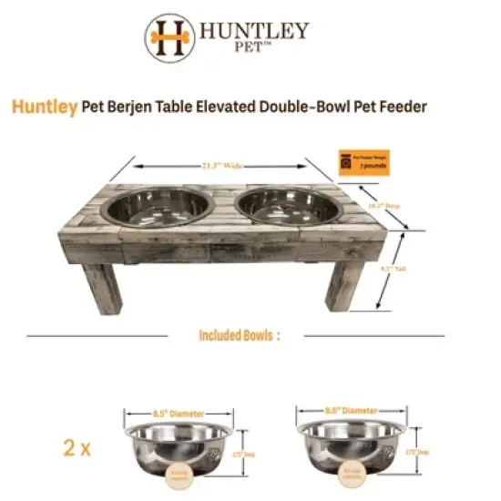 Huntley Pet Berjen Table Elevated Double Bowl Feeder, White Wash (Large) image {1}