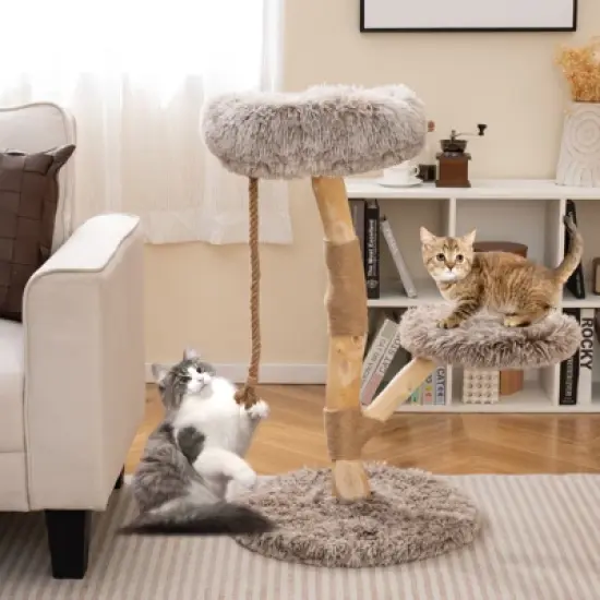 Tangkula Solid Wood Cat Tower Modern Cat Scratching Tree w/Luxurious Perch Teasing Rope image {2}