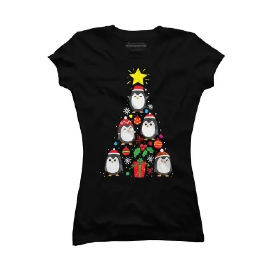 Junior's Design By Humans Penguin Christmas Tree By NekoShop T-Shirt image {3}
