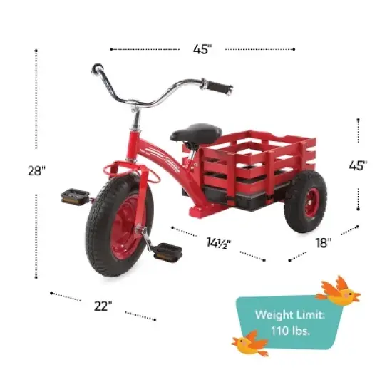 HearthSong Kids Classic Red Metal Tricycle with Attached Slatted-Wood Wagon image {3}