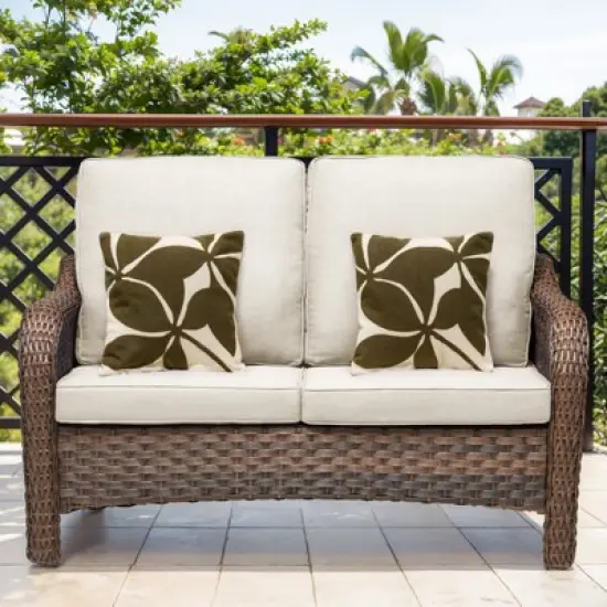 Buenhomino Patio Wicker Sofa Brown Rattan Loveseat Outdoor Couch with Cured Armest & Water Resistant Cushions Sofa for Balcony Backyard Poolside image {1}