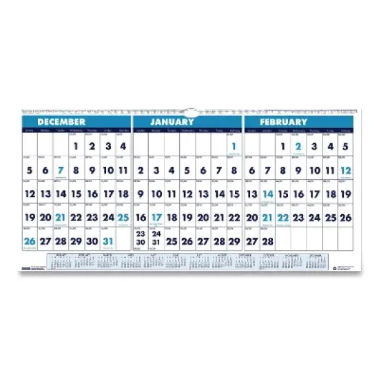 Recycled Three-Month Format Wall Calendar, Horizontal Orientation, 23.5 x 12, White Sheets, 14-Month: Dec 2025 to Jan 2027 image {4}