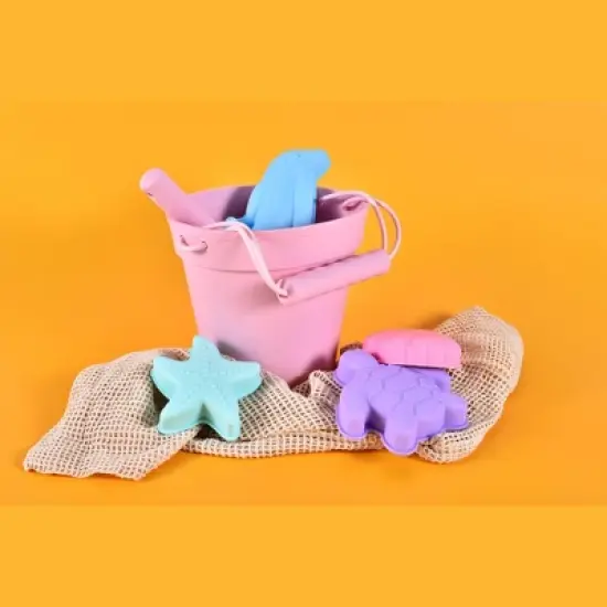 Link Ready! Set! Play! Silicone Beach & Pool Toy 7pc Set For Travel Easy To Clean Bucket Shovel 4 Sands Molds For Toddlers & Babies Carry Bag Included image {1}