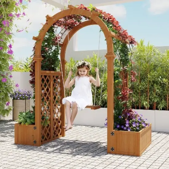 Garden Arbor with Planter Boxes and Swing Outdoor Arch Trellis with Pergola for Climbing Plants image {6}