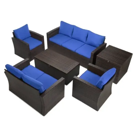 6pc Wicker Outdoor Conversation Set Royal Blue/Dark Brown - EDYO LIVING image {2}