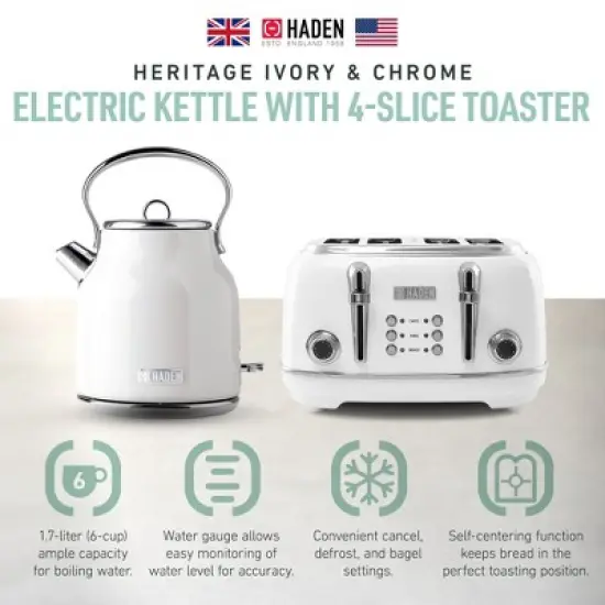 Haden Heritage 75012 1.7 Liter Stainless Steel Body Retro Electric Tea Kettle & Haden Heritage 75013 4 Slice Wide Slot Retro Toaster, Ivory White image {1}