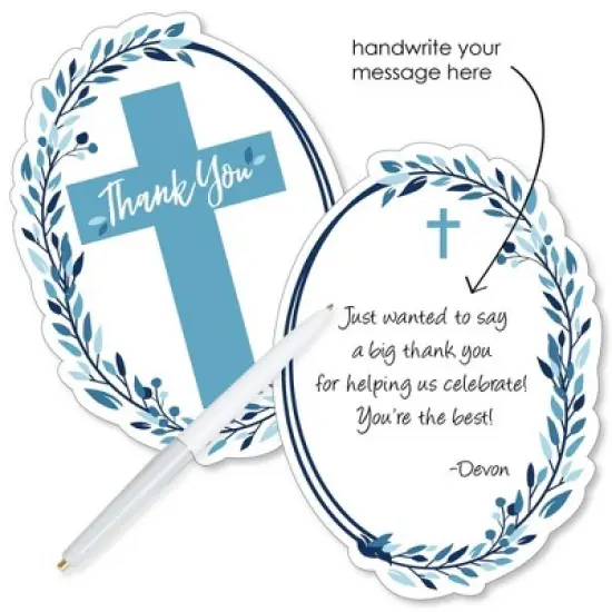 Big Dot of Happiness Blue Elegant Cross - Shaped Thank You Cards - Boy Religious Party Thank You Note Cards with Envelopes - Set of 12 image {1}