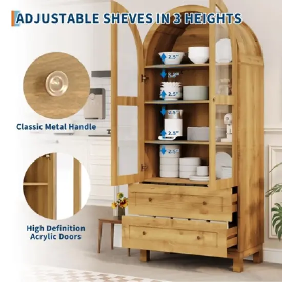 71" Tall Arched Cabinet, Kitchen Pantry Cabinet with Drawer, Glass Door and Adjustable Shelves, Modern Kitchen Storage Cabinet Cupboard image {2}