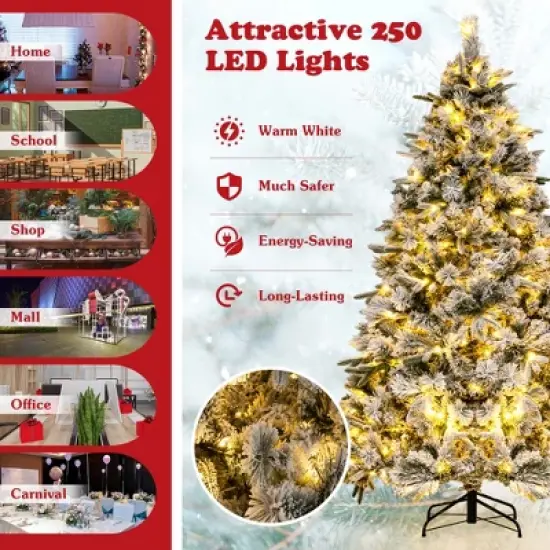Costway 6/7 FT Pre-Lit Flocked Christmas Tree Hinged Xmas Decoration with 250/300 LED Lights image {7}