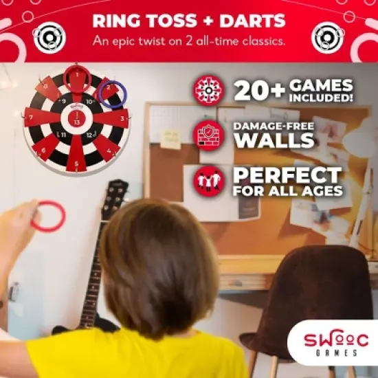 SWOOC Games ‒ Hook Darts Ring Toss Game ‒ Wood Board & Soft Rings ‒ 20+ Games Included For Kids & Adults ‒ Wall Mount Games ‒ Ring and Hook Game image {1}