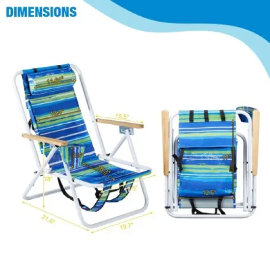 FURNIinspire Outdoor Portable Chair 4 Position Reclining with Cup Holder for Outdoor Relaxation, Blue Green Stripes, 23"*21.7"*31.5" image {3}