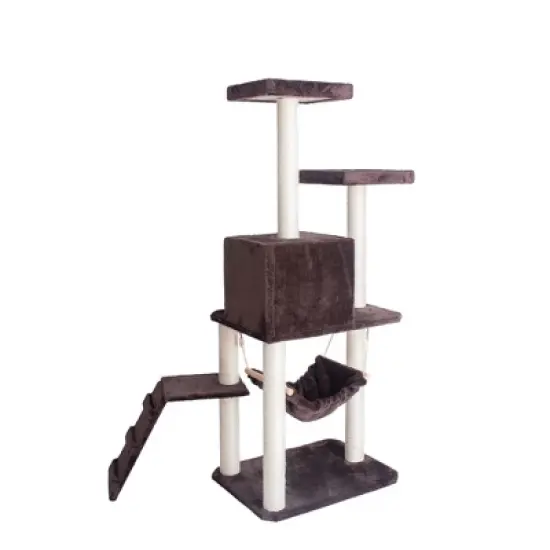 GleePet GP78570923  57-Inch Real Wood Cat Tree In Coffee Brown With Four Levels, Ramp, Hammock And Condo image {7}