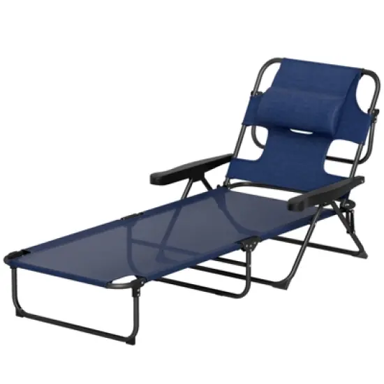 FURNIinspire Outdoor Portable Chair 4 Position Recline Foldable Design with Reading Hole for Poolside Relaxation, Black, Navy Blue, 74.4"*28.3"*32.3" image {5}