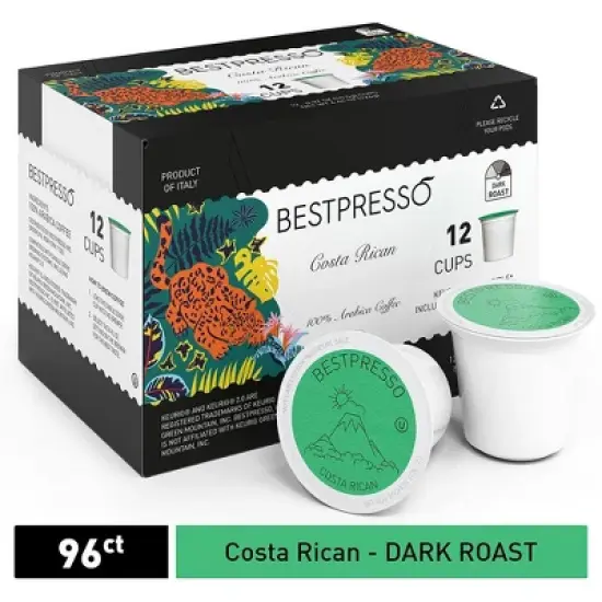 Bestpresso Coffee, Costa Rican Dark Roast Single Serve K-Cup Pods, 96 Count (Compatible With 2.0 Keurig Brewers) 8 Packs Of 12 Cups image {1}