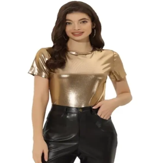 Allegra K Women's Party Metallic Textured Short Sleeve Shiny T-shirts image {19}