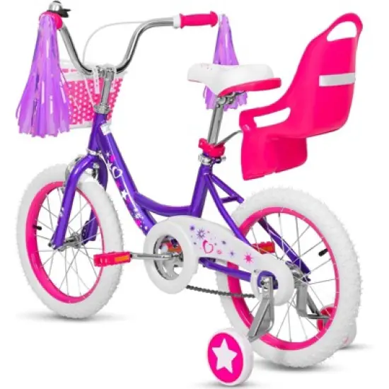 Hykolity 14-Inch Kids Bike for Girls Ages 3-5, Multi-Color, with Training Wheels, Doll Seat, Basket, Adjustable Saddle, Dual Brakes image {4}