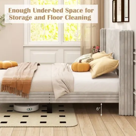 Costway Queen Size Velvet Bed Frame Upholstered Platform Bed with Wingback Headboard image {7}