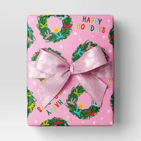 30&rdquo; 20 sq ft Christmas Roll Wrap Happy Holidays and Wreaths on Pink - Wondershop&trade; image {1}