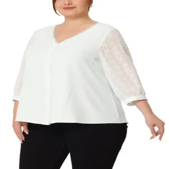 Agnes Orinda Women's Plus Size Spring Elegant Lace Sleeve Button-Down Blouse image {1}
