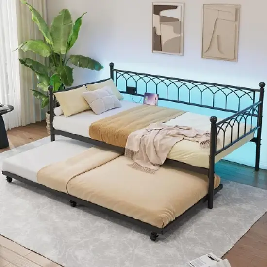 Twin Size Daybed with Pop-Up Trundle & LED Lights, Pull Out Bed with Charging Station and Pull Out Turundle, Metal Sofa Bed Frame for Living Room image {8}